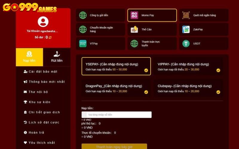 Hướng dẫn nạp tiền GO99 chi tiết